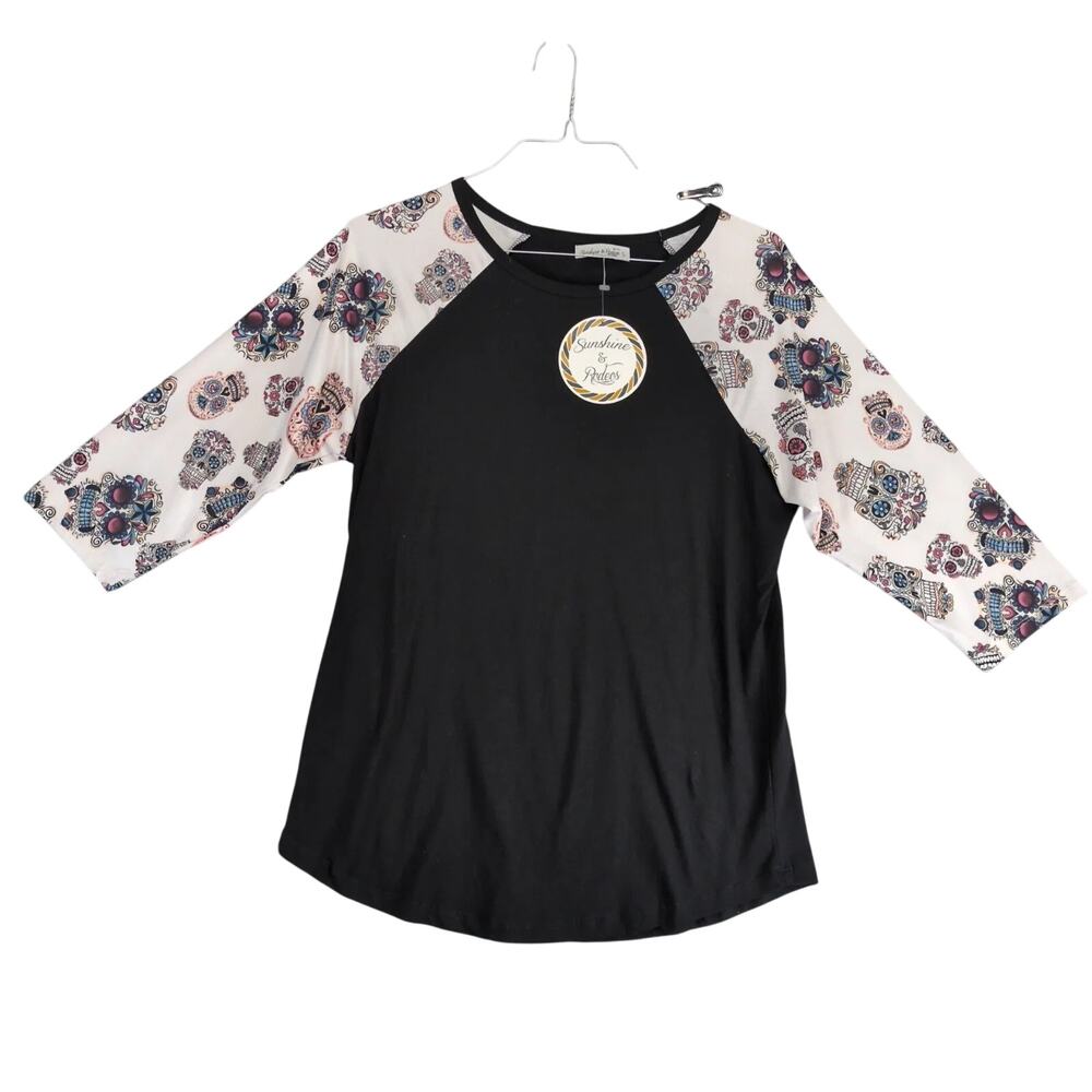 NWT Sunshine & Rodeos Raglan Top Women's L Sugar Skull Stretch Goth Streetwear